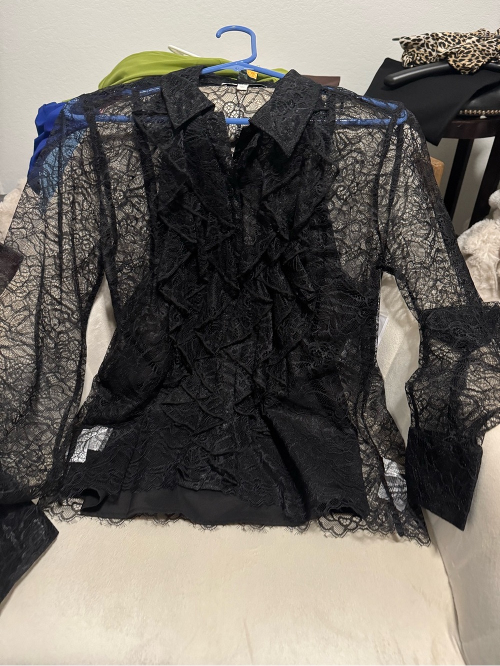 Robert Rodriguez Black Sheer Lace Ruffle Blouse